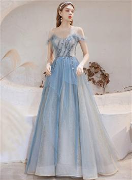 Picture of Blue Sweetheart Tulle Beaded Long Evening Dresses Party Dresses, Off Shoulder Formal Dresses